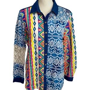 JOHN MARK - SIZE LARGE - BOHO BUTTON FRONT EMBROIDERED TOP BLOUSE - EXC COND B7